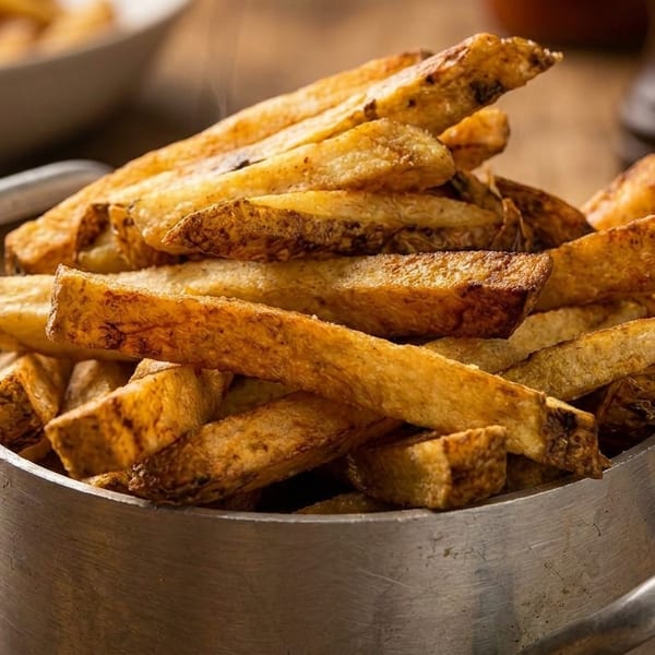 Golden-brown, crispy french fries piled high in a metal pot on a wooden table.