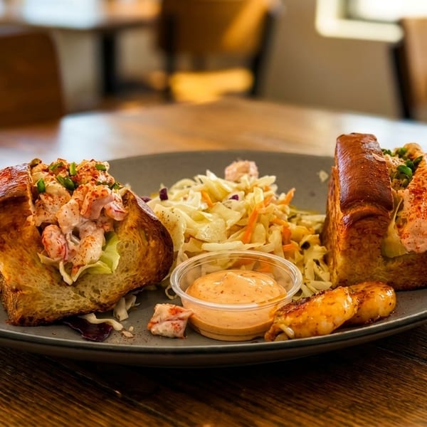 Two lobster rolls with coleslaw and dipping sauce on a gray plate on a wooden table.