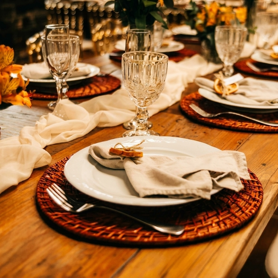 Elegantly set dining table with white plates, woven placemats, crystal glasses, and orange floral centerpieces.