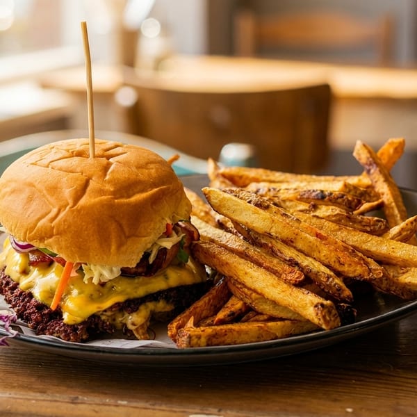 Cheeseburger with fries on a plate, on a wooden table, with a bright window in the background.