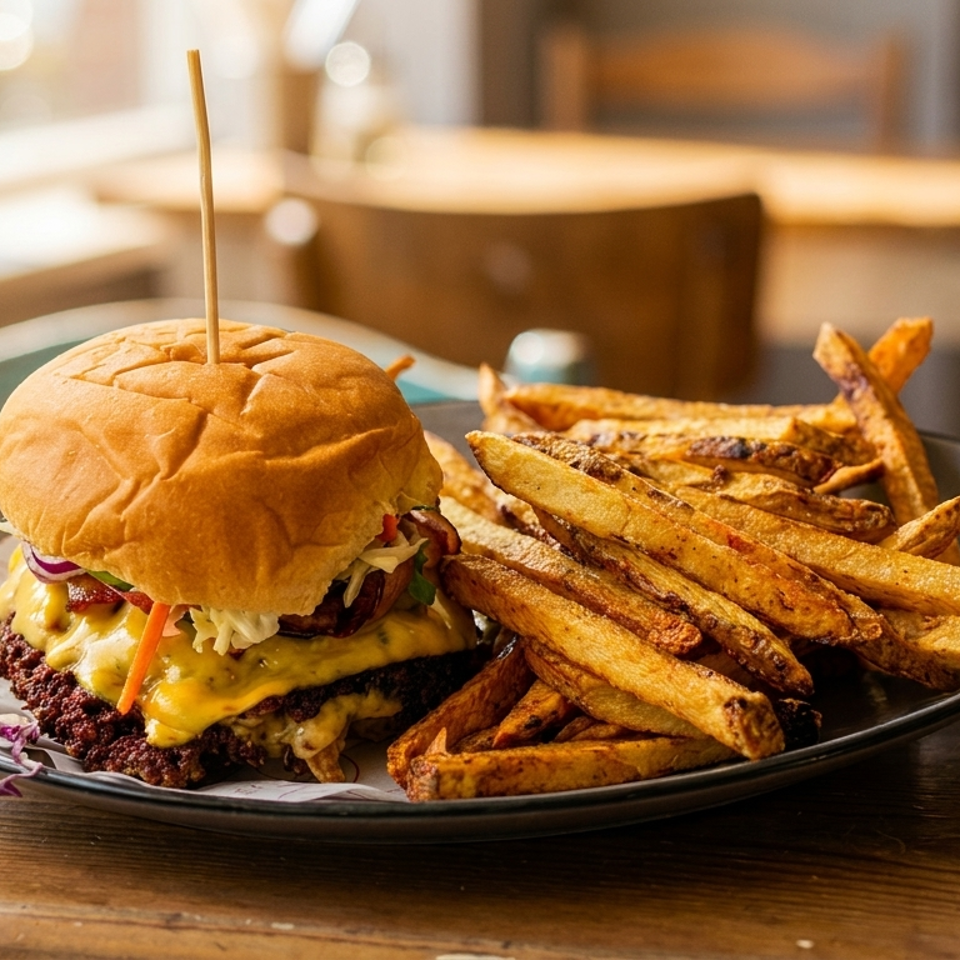 Cheeseburger with fries on a plate, on a wooden table, with a bright window in the background.