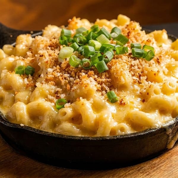 Creamy mac and cheese in a cast iron skillet, topped with breadcrumbs and chopped green onions.
