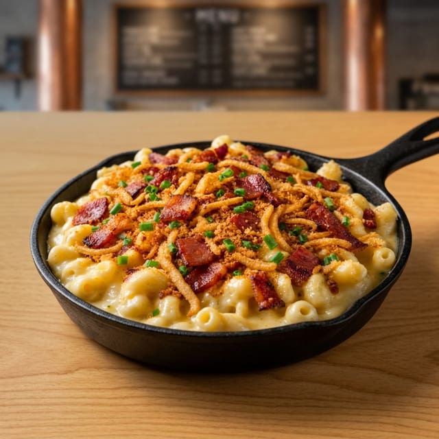 Mac & Cheese Bacon & Crispy Onions.